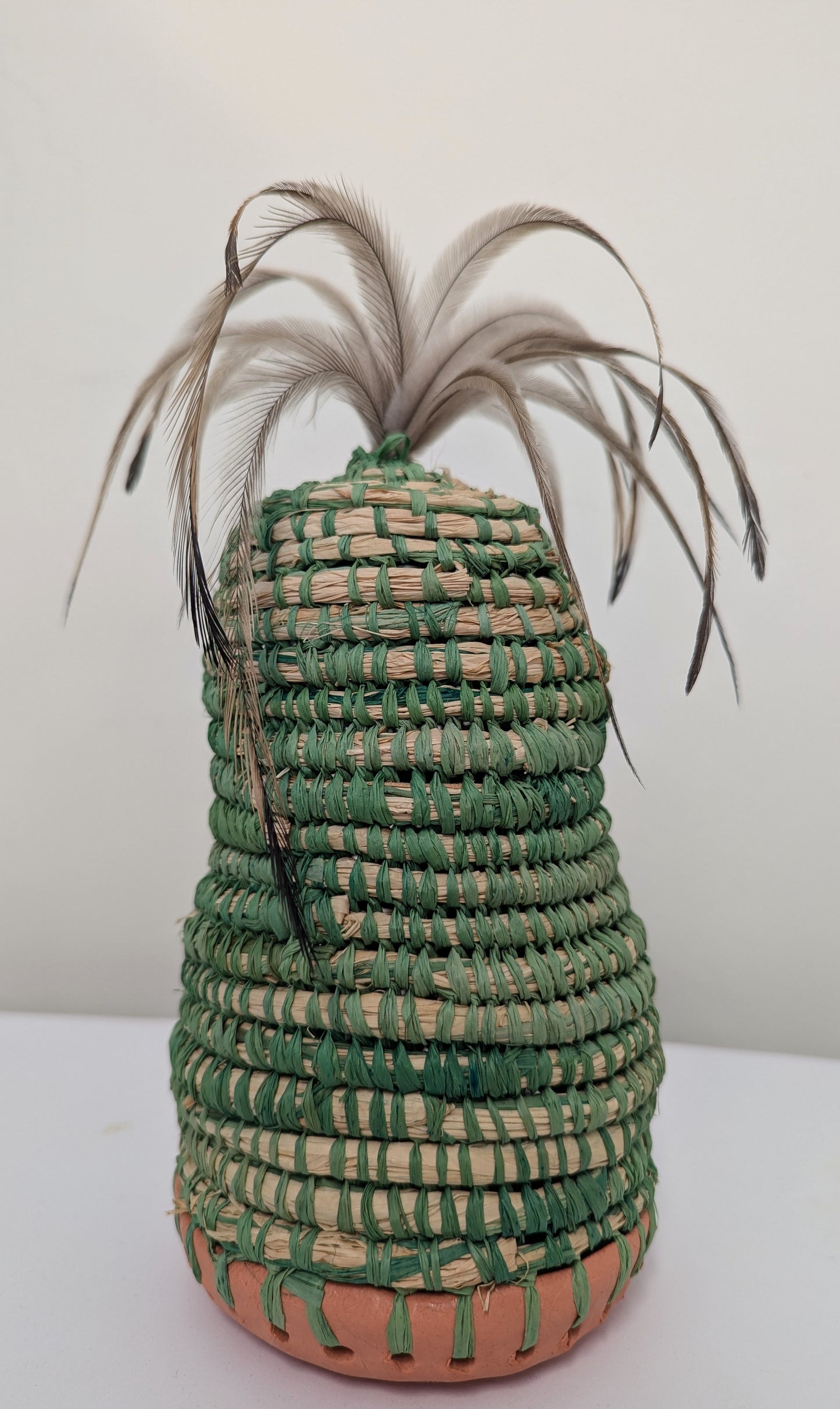 Green Woven Vase with Emu Feathers - Trish Cerminara (Gamilaroi)