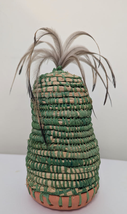 Green Woven Vase with Emu Feathers - Trish Cerminara (Gamilaroi)