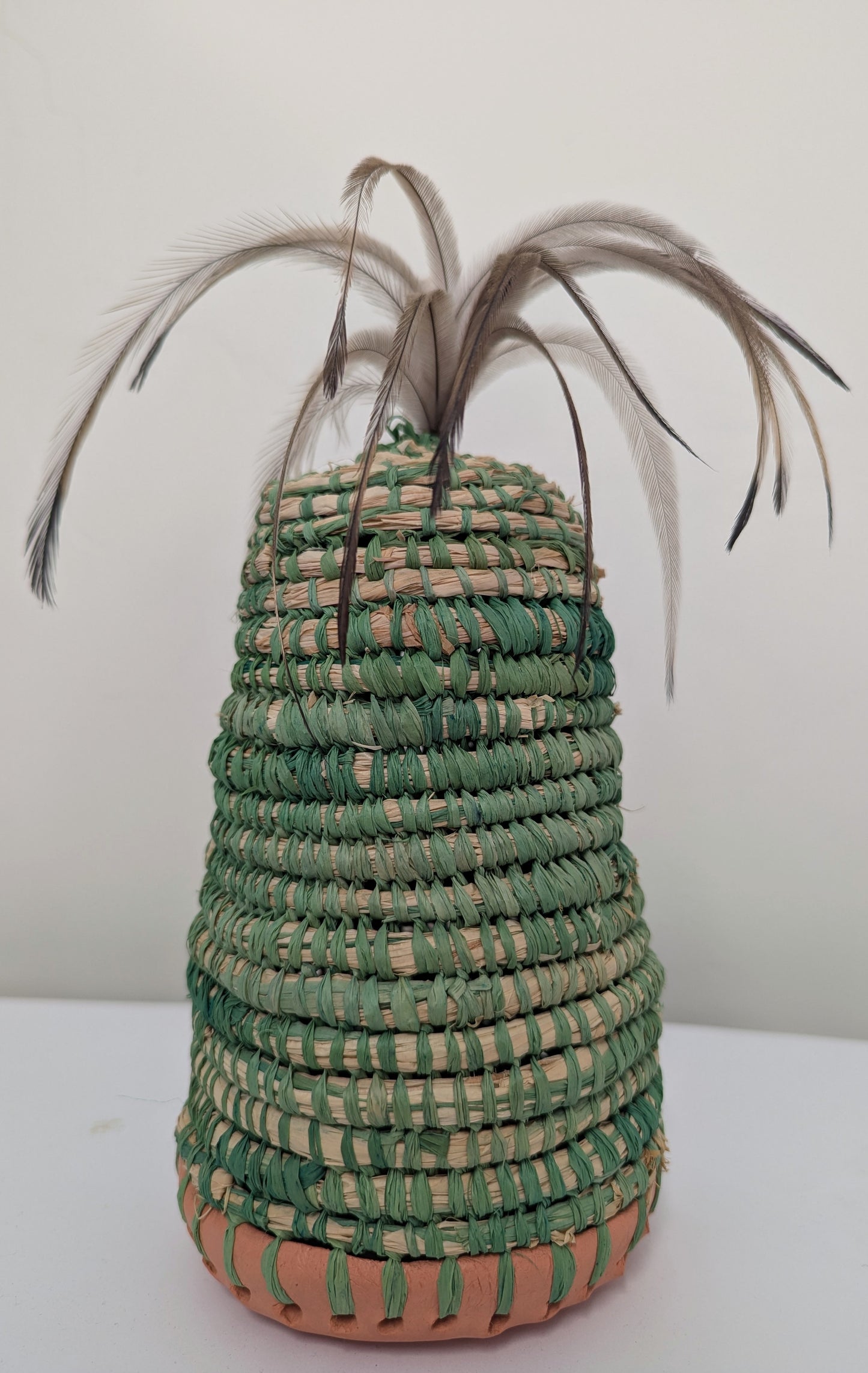 Green Woven Vase with Emu Feathers - Trish Cerminara (Gamilaroi)