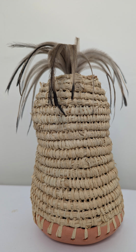 Woven Vase with Emu Feathers - Trish Cerminara (Gamilaroi)