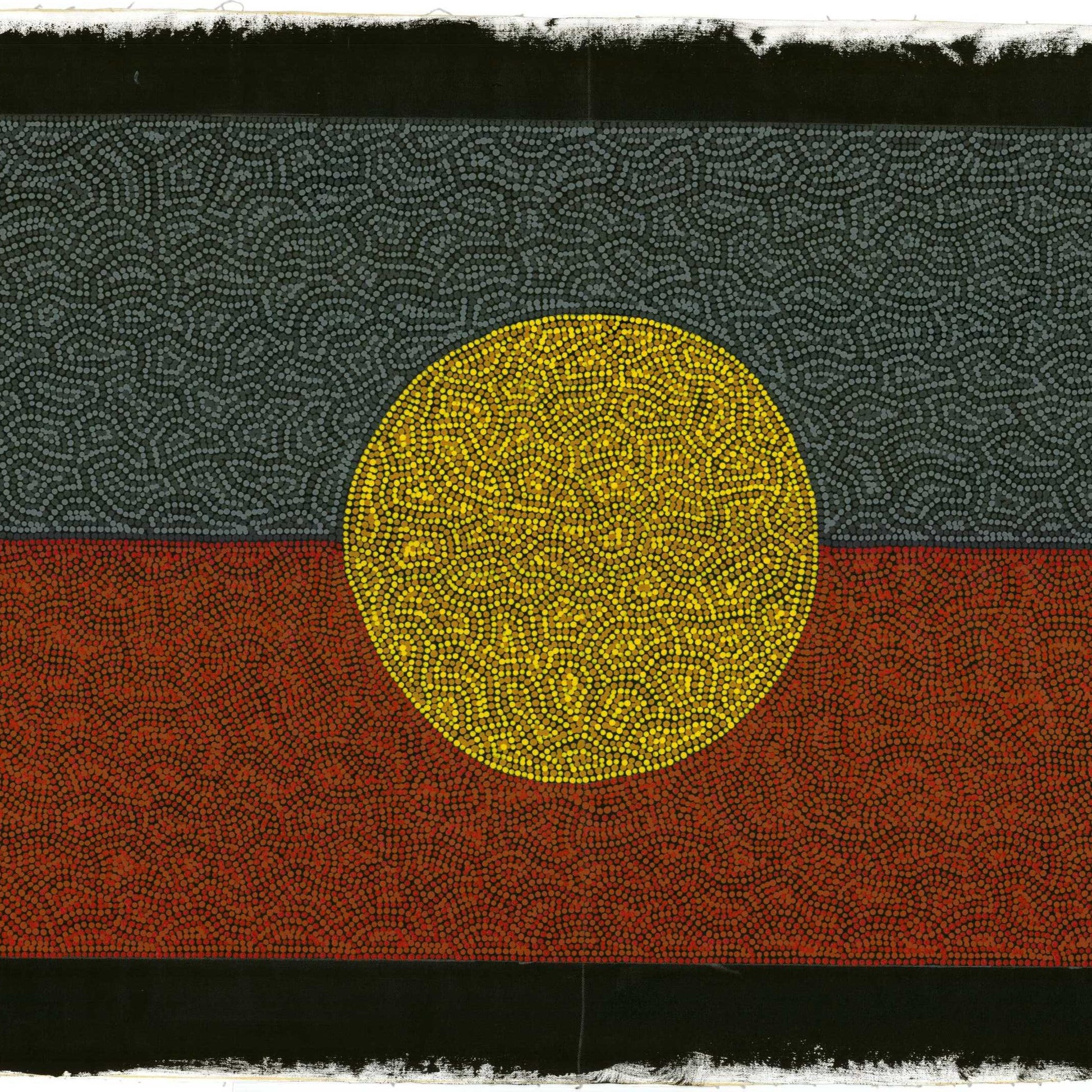 Aboriginal Flag by Stephen Berger in dots. Yellow red black and grey dots. Detail