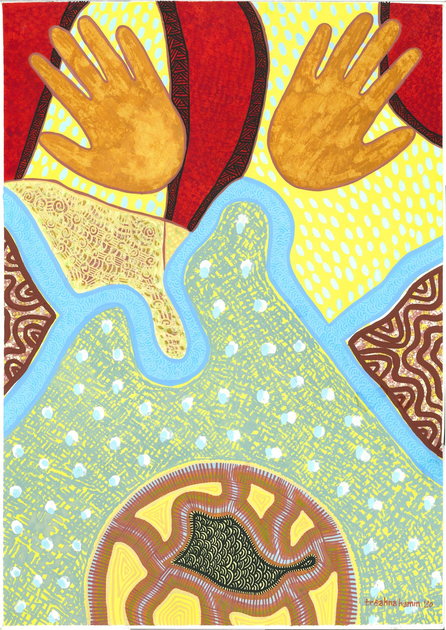 Painting by Australian First Nations Artist with two hands at top.  Red shapes with find black lines. A river in ble. Traditonal markings in Brown lines.
