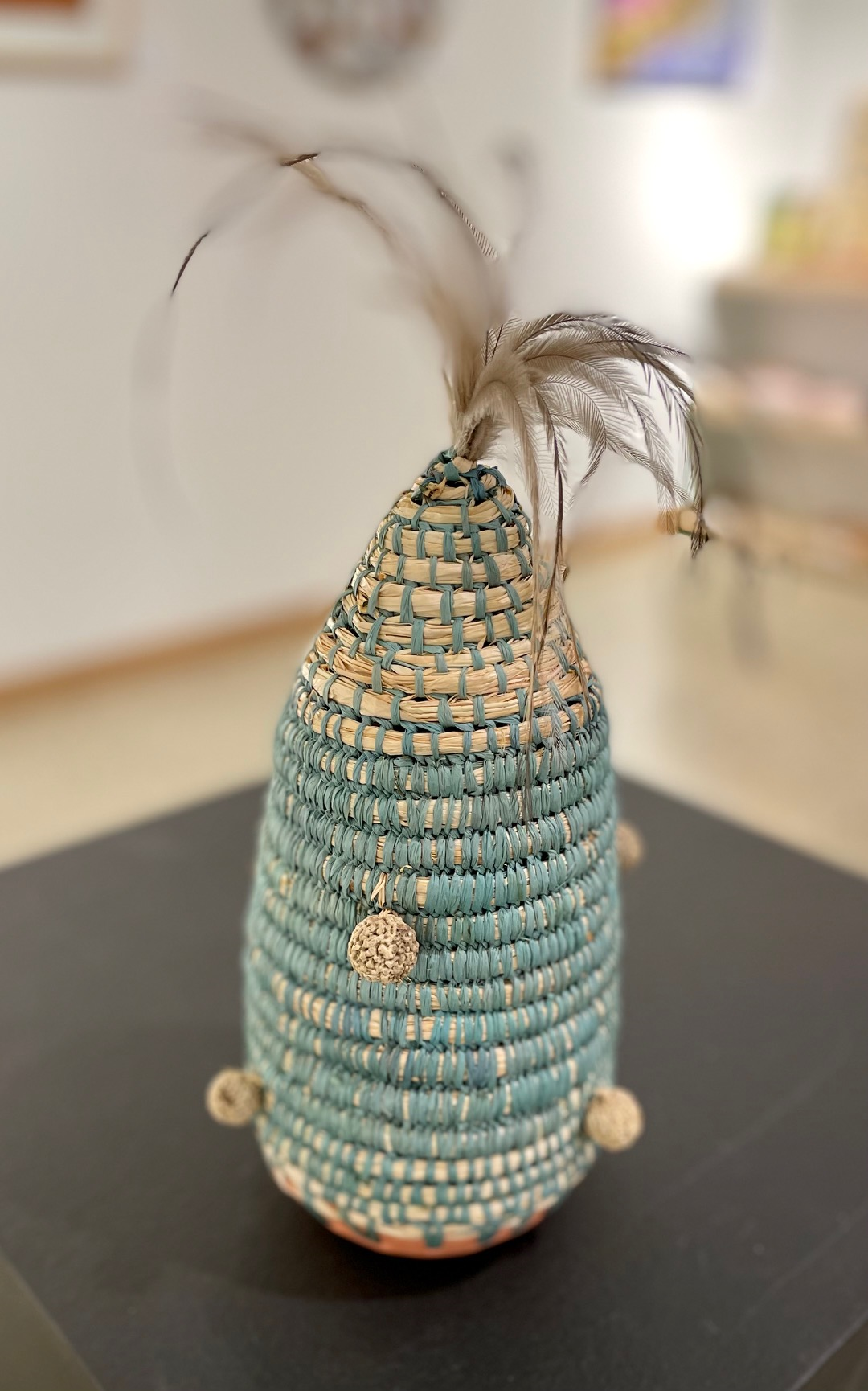 Woven Vase with Emu Feathers and Quandong - Trish Cerminara (Gamilaroi)