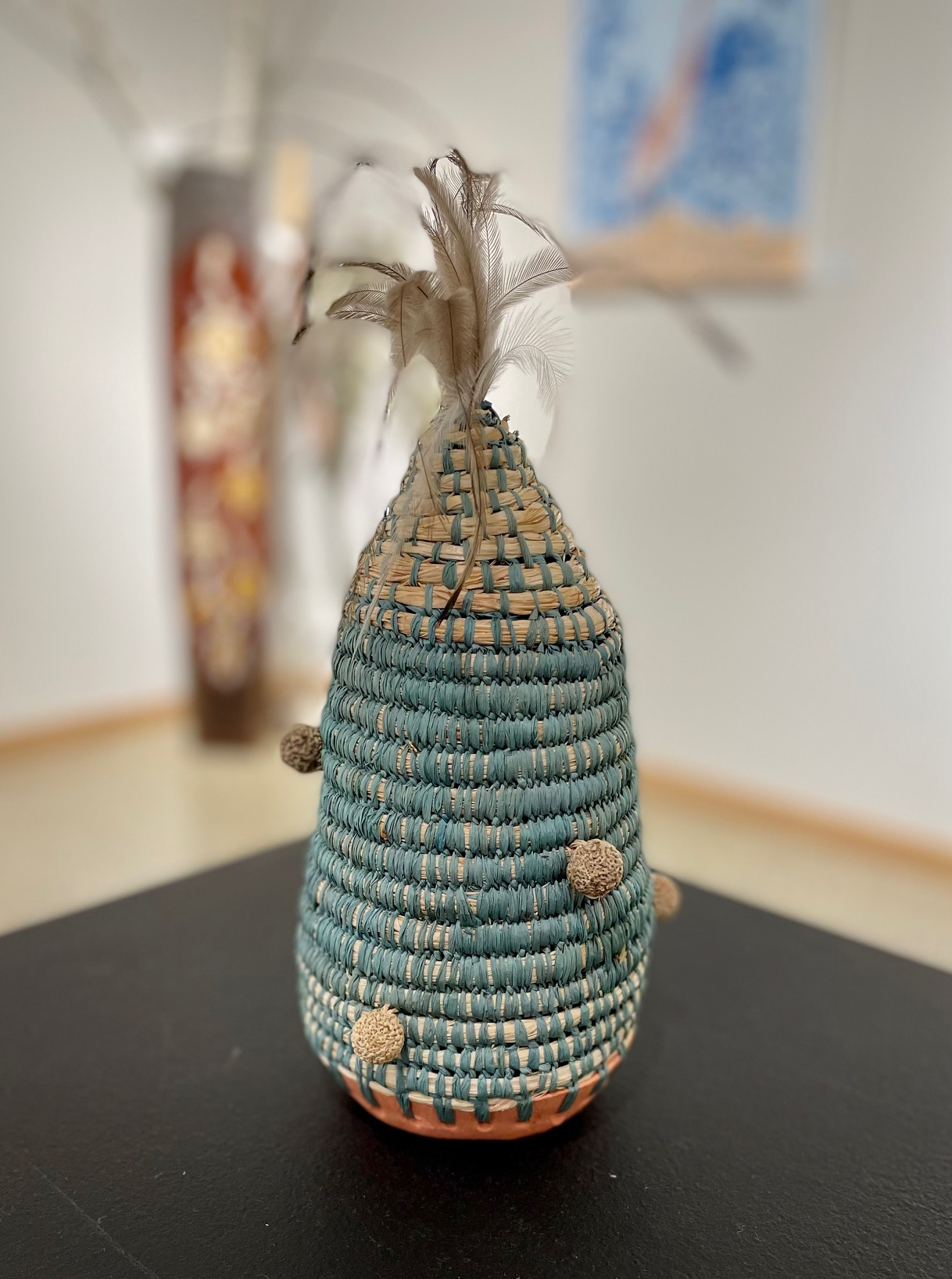 Woven Vase with Emu Feathers and Quandong - Trish Cerminara (Gamilaroi)