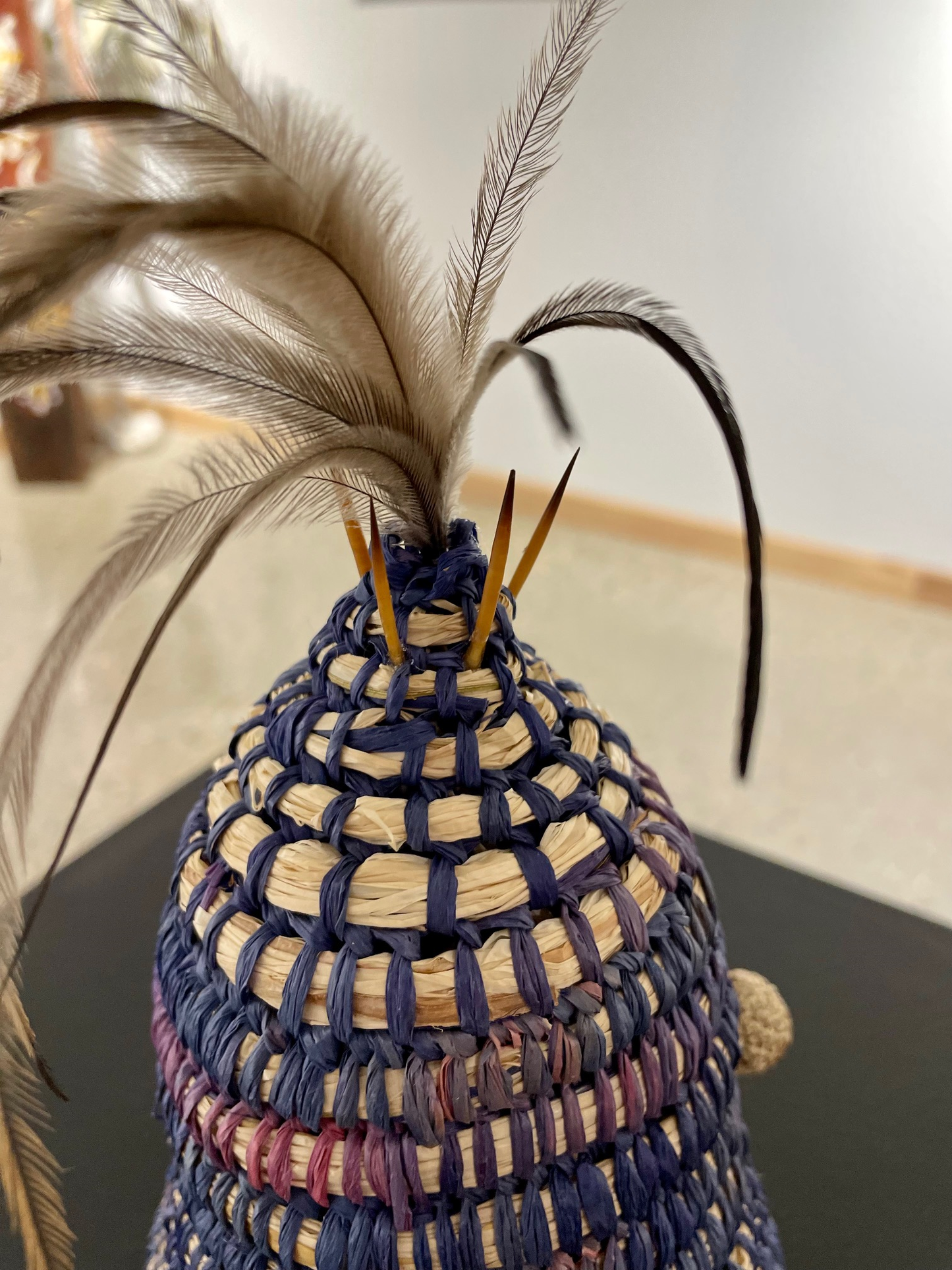 Woven Vase with Emu Feathers, Echidna Quills and Quandong - Trish Cerminara (Gamilaroi)